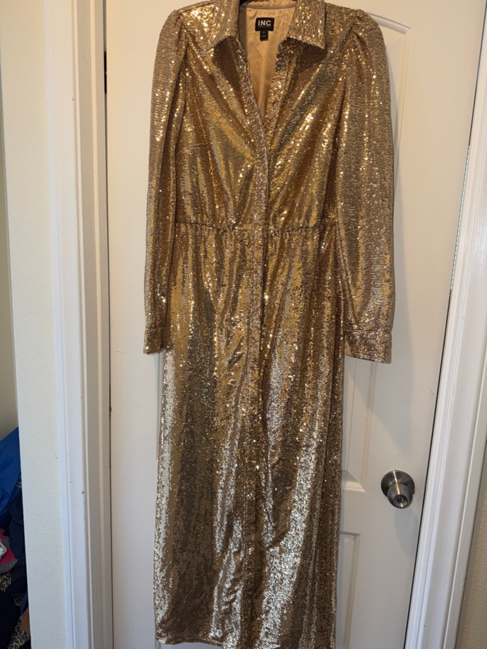INC International Concepts Metallic Gold Sequin Long Sleeve Maxi Dress